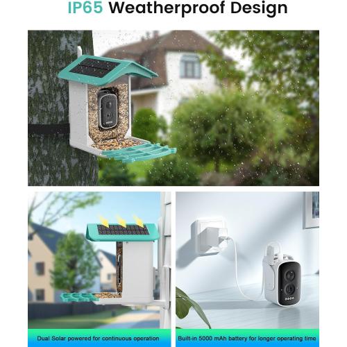 Color Blue Smart Bird Feeder Camera (Dual Panel), Solar Powered, Identify 11,000  Birds with AI, Auto Capture & Notify, 2K HD Footage, Outdoor Bird Watching, Ideal Gift for Birds Lovers.