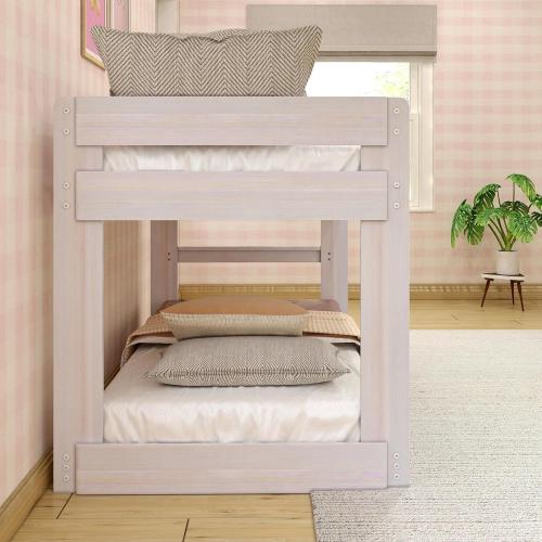 2BOXS Max & Lily Modern Farmhouse Low Bunk Bed, Twin-Over-Twin Bed Frame For Kids, White Wash