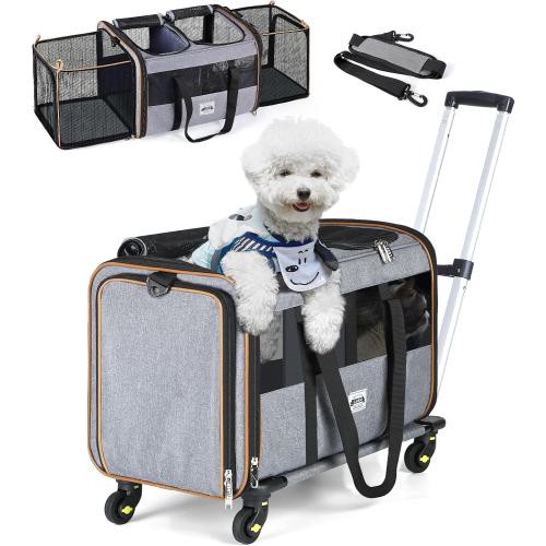 Lekereise Expandable Double Pet Carrier with Wheels - Large Rolling Carrier for 1 Large Cat/Dog or 2 Medium Cats, Telescopic Handle