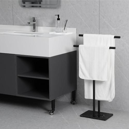 Free Standing Towel Rack for Bathroom - Matte Black Finish - Stand Alone 2 Tier Stainless Steel Towel Rack for Bathroom Floor with Heavy Marble Base - Double T Shape Drying Stand for Towels