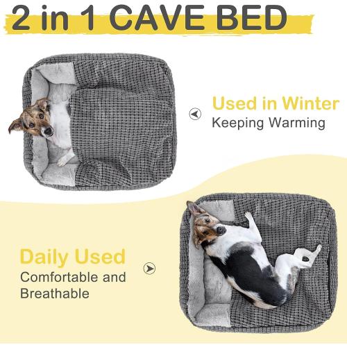 GASUR Dog Beds for Large Medium Small Dogs, Rectangle Cave Hooded Blanket Puppy Bed, Luxury Anti-Anxiety Orthopedic Cat Beds for Indoor Cats, Warmth and Machine Washable (25 inches, Grey)