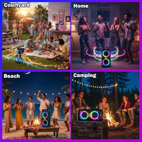 Large Party Speaker with Dual 6.5 Inch Woofers, 200W Peak Powerful Sound, TWS & 6 EQ Modes, Type-C Charging, LED Light Show, Wireless Microphone for Outdoor Parties