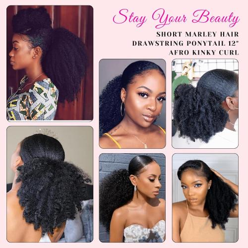 Short Marley Hair Drawstring Ponytail Black 4C Afro Puff Bun Braiding Ponytail Hair with Clips Synthetic Afro Kinky Curl Pony Tail Hairpiece for Black Women - Natural Black 12