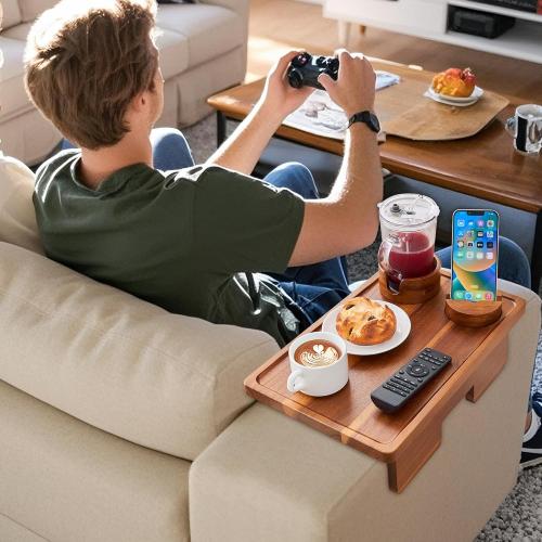 GEHE Real Acacia Wood Couch Armrest Table, 15.4x9.8 Couch Arm Tray Table, 3 in 1 Removable Sofa Cup Holder wtih 360° Rotated Phone Holder, Clip on Armrest Tray for Drinks, Snacks, Phone, Control