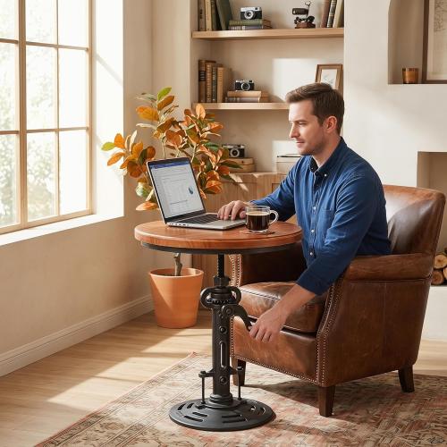 Topower Industrial Retro Side Table end Table Antique Mechanic DIY Crank Height Ajustable Cast Iron Base Table Farmhouse Accent End Table Silver