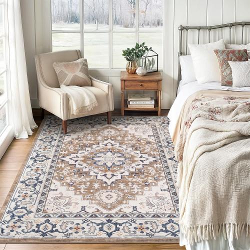 Lofus Area Rugs for Living Room, Washable Area Rug, Rugs for Bedroom, Kitchen, Vintage Boho Carpet, Soft Non-Slip, Low Pile Large Area Rug for Office Dining Room, Floral Brown