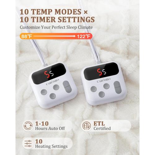CAROMIO Electric Blanket Queen Size Dual Control - Thick Tufted Sherpa Heated Blanket Queen with 10 Heating Levels and 10 Time Settings, ETL Certified Fast Heating Blanket Queen Size 84×90, White