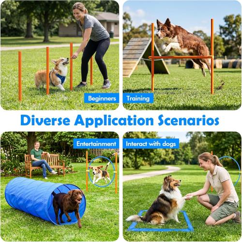 XiaZ Dog Agility Course Backyard Set, Dog Obstacle Course Training Starter Kit Pet Outdoor Game with Tunnel, Agility Hurdle, Weave Poles, Jump Ring, Pause Box, Collapsible Dog Bowls and Storage Bag