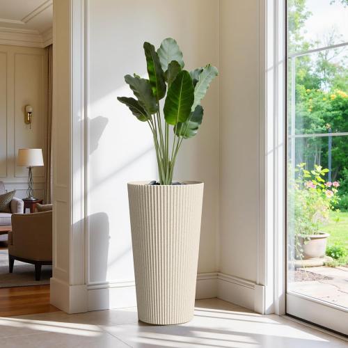 Tall Planters for Outdoor Plants Set of 2 - Fluted Large Outdoor Planters for Front Porch Decor with Drainage Hole, Plastic Round Flower Pots Fits Indoor Plants Patio/Garden, Beige