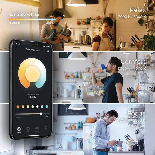 GLOBE Electric 35847 Wi-Fi Smart 7W (60W Equivalent) Spiral Filament Multicolor Changing RGB Tunable White Clear LED Light Bulb, No Hub Required, Voice Activated, 2000K - 5000K, ST19 Shape, E26 Base