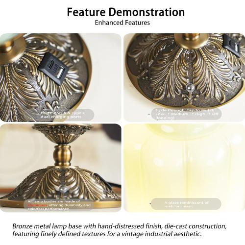 Vintage Touch Bedside Table Lamp, Elegant Milk White Glass Desk Lamp 3 Way Dimmable with USB C A Charging Ports - Bedroom Nightstand & Living Room Essential (Vintage White, 6.5)