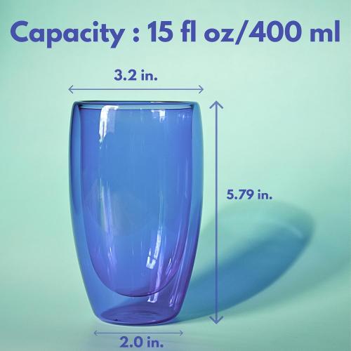 Double Wall Glass Cup Set of 2 - Insulated Coffee Mug for Hot&Cold Drinks - for Home Café Iced Matcha, Coffee, Mixed Drinks, Colored Premium Borosilicate Glass in Ocean Blue/Botanic Green