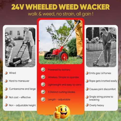 SakerPlus Wireless Weed Cutter, 24V Cordless Electric Grass Trimmer Weed Eater Wacker with 2 Batteries, 3-in-1 Lightweight Brush Cutter/Lawn Mower/Edger with Wheels for Lawn, Garden & Yard(Red)