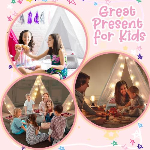 2 Pack Kids Teepee Tent with Mattress,Fitted Sheet,Light String,Washable Natural Cotton Toddler Play Tent for Girls Boys Indoor Outdoor Sleepover Slumber Birthday Party(White)