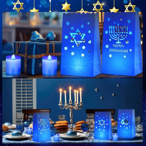 36 Set Hanukkah Decorations Blue Luminary Bags with Flameless Candles Chanukah Luminary Bags with Battery Tea Lights Happy Hanukkah LED Moisture-Proof Lanterns Jewish Holiday Decor Gifts