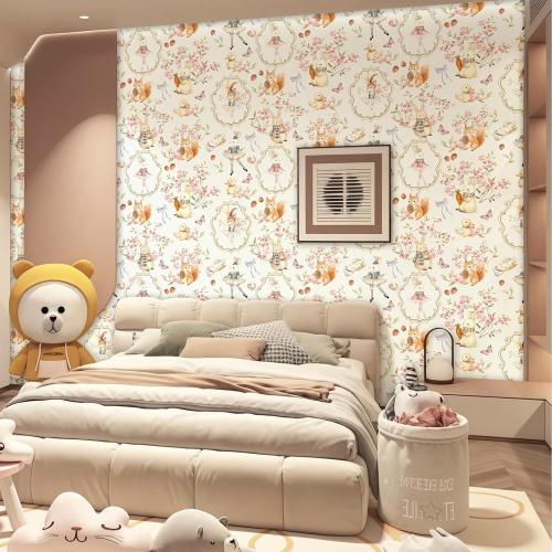 French Vintage Watercolor Peel and Stick Wallpaper, Whimsical Floral Self Adhesive Contact Paper with Ballet Bunny Squirrel Butterfly Strawberry 17.3in x 118in, Removable for Girls Nursery, Renter
