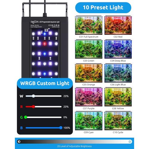 SEAOURA Aquarium LED Light with Thermometer, 48-54in Full Spectrum Lights for Fish Tank, 24/7 Programmable with Power Off Memory, WRGB Custom, 20 Level Dimmable Brightness for Freshwater Aquariums