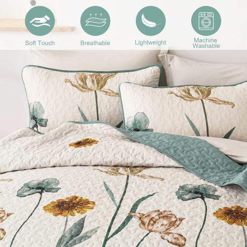 WONGS BEDDING Floral Quilt Set King,Green Yellow Printed Botanical Bedspread Bedding Set with 2 Pillowcase,Spring Summer Lightweight Farmhouse Coverlet Set for All Season (104x90)