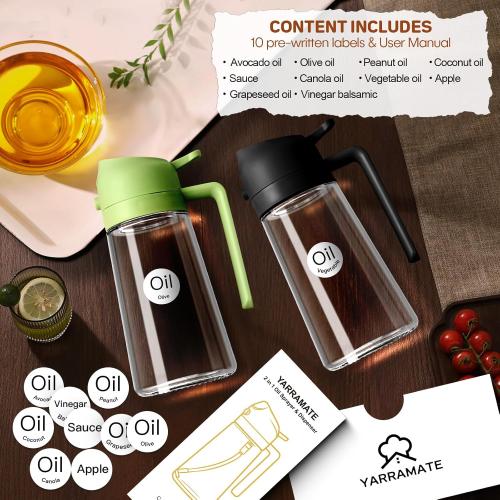 YRRAMATE 16oz/470ml Glass Olive Oil Sprayer for Cooking with Stickers, 2 in 1 Oil Dispenser for Kitchen Gadgets, Food Grade Premium Spray Bottle with Portion Control for Salad, Frying, BBQ (Green)