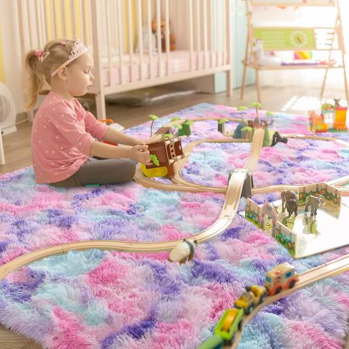 LOCHAS Luxury Fluffy Rainbow Area Rug for Girls Bedroom 4x6, Soft Fuzzy Kids Rugs for Bedroom Boys Playroom, Cute Colorful Tie Dye Princess Carpet for Nursery Living Room Home Decor, Pink/Purple