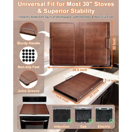 UTCG Noodle Board Stove Cover: 29.5×22 Inch Foldable Bamboo Stove Top Cover with Handles for Gas & Electric Stoves - Expand Counter Space - Serving Tray & Sink Cover for Kitchen Decorative