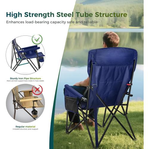 ALPHA CAMP Oversized Folding Camping Chairs High Backrest Heavy Duty Lawn Chairs for Adults Support 500 LBS Portable Camp Chairs with Cup Holders Large Side Pocket Outdoor Chair 2 Pack