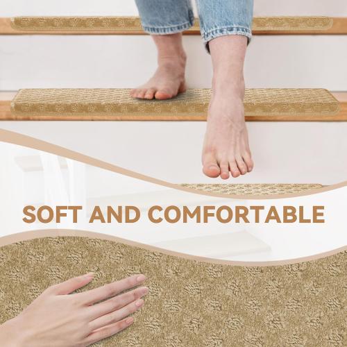 Size 9.5 x 32, Bullnose Stair Treads Non Slip 9.5 x 32, 14 Pcs Carpet Stair Treads for Wooden Steps Indoor with Edge Protection, Reusable Peel and Stick TPU Backing Stair Runner Rugs - Lattice Pattern Beige