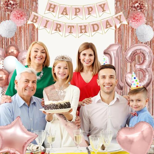 13th Birthday Party Decorations for Girls, Rose Gold Official Teenager Foil Balloons 13th Birthday Banner Fringe Curtain Crown Sash Paper Pompoms Cake Topper for 13 Year Old Girls Party Favor Supplies