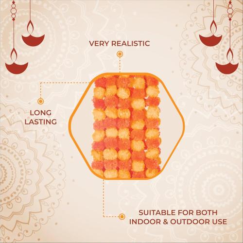 AVADOR® Set of 5 Artificial Flower Garland Strings for Special Occasions | Home Puja | Home Decor | Diwali Decor | House Warmings | Indian Wedding Celebration (Mango Yellow and Orange D 20)