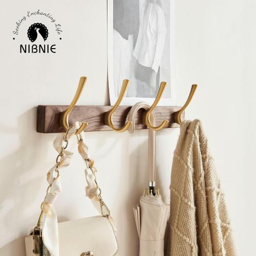 16 Inch Small Walnut Wood Coat Rack Wall Mount with 4 Hooks, Adhesive & Drilling Mounted, Heavy Duty Wooden Wall Coat Hanger Hanging Towel Clothes Hat Bag Purse Key Jacket Backpack Holder Gold