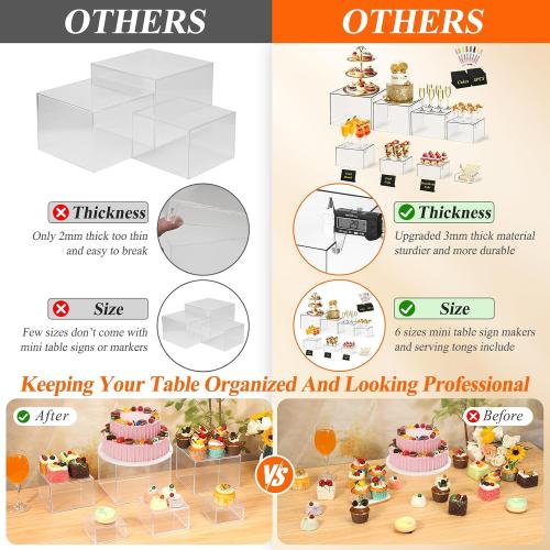 8 Pcs Clear Acrylic Buffet Risers with Mini Sign and Maker,Buffet Risers and Stands Clear Food Display Risers for Buffet Table Party Catering Dessert Cupcake Collectibles (8 7 6 5 5 4 4 3)