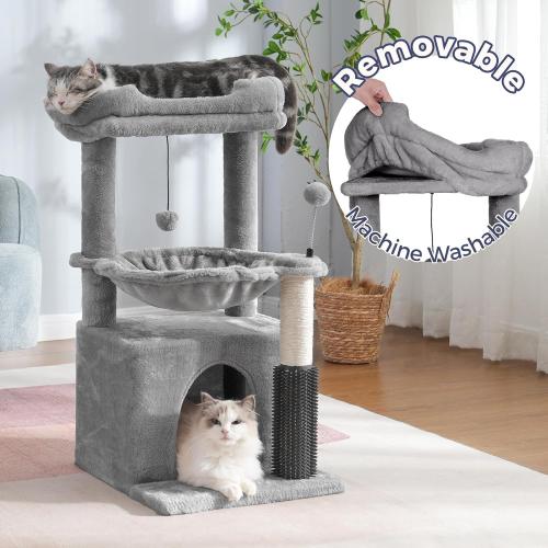 Color Grey pawfessor 5 in 1 Cat Tree 32 Inches Cat Tower with Self Groomer,15.7”Large Hammock, Fully Scratching Post, Removable Top Perch and Wide Condo for Indoor Cats-Gray
