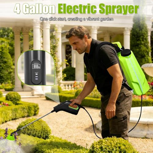 Battery Powered Backpack Sprayer 4 Gallon, Adjustable Pressure Garden Sprayer with Digital Display & Padded Straps, Electric Pump Sprayer in Lawn with 2.2Ah Battery, 5 Nozzles, Telescopic Wand