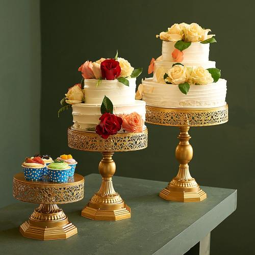 Gold Cake Stand Set - 3 Pcs Metal Cupcake Holders for Dessert Table Round Gorgeous Dessert Display Stands Trays Set for Wedding, Birthday, Tea Party (8, 10, 12 Inch)