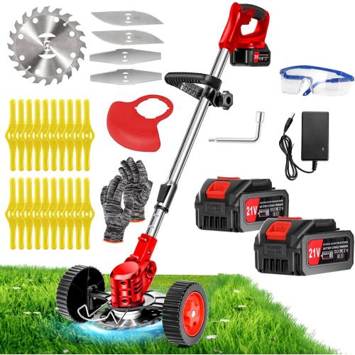 Cordless Weed Wacker, Electric Grass Trimmer 21V 4.0Ah Battery Powered Weed Trimmer, 3 in 1 Stringless Lightweight Brush Cutter/Edger/Mower with 3 Types Blade & Wheels for Garden and Yard Lawn