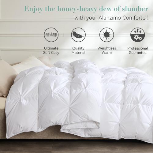 Alanzimo Pinch Pleat Goose Down Feather Fiber Comforter California King Size, Ultra Soft 100% Cotton Cover, All-Season Medium Warm Duvet Insert, Luxury Noiseless Down-Proof 750 Fill Power with 8 Tabs