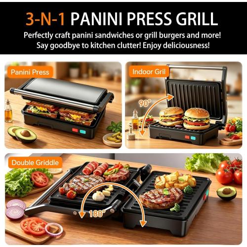 Panini Press Grill, Sandwich Maker with Non-Stick Coated Plates & Removable Drip Tray, 3-in-1 Electric Sandwich Press Opens 180° Flat, Stainless Steel Exterior with Overheat Protection,1000W, Black