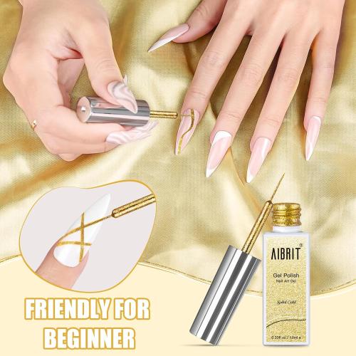 Gel Liner Art Polish Set 10ml, 4 Colors Black White Gold Silver Design Paint with Thin Brush in Bottle for Swirl/Euphoria French Tips Manicure Painting DIY at Home