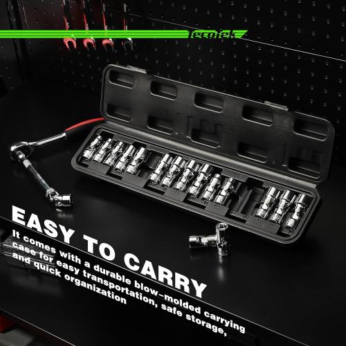 17-Piece 3/8-Inch Drive Universal Joint Socket Set, Swivel Socket Set, 6-Point, SAE (3/8 to 3/4) and Metric (10mm to 19mm), CR-V, Universal Flex Socket for Easier Access to Tight Spaces