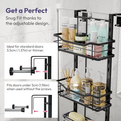 SWTYMIKI Over the Door Shower Caddy - 3 Tier Adjustable Shower Organizer Hanging with Soap Holder, No Drilling Stainless Steel Bathroom Rack Hanging for Body Wash, Shampoo, Soap, Razor, Black