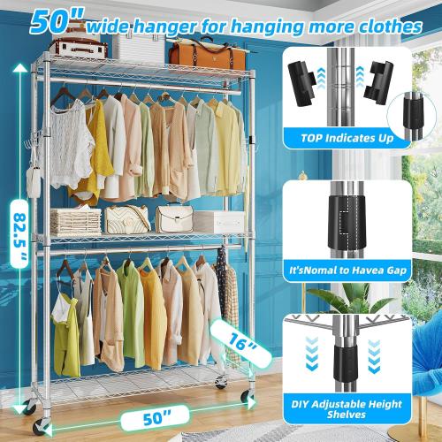 Simple Trending Clothing Garment Rack with 3 Tiers Storage Shelves, Heavy Duty Rolling Clothes Organizer Double Rods with Wheels for Hanging Clothes, Chrome
