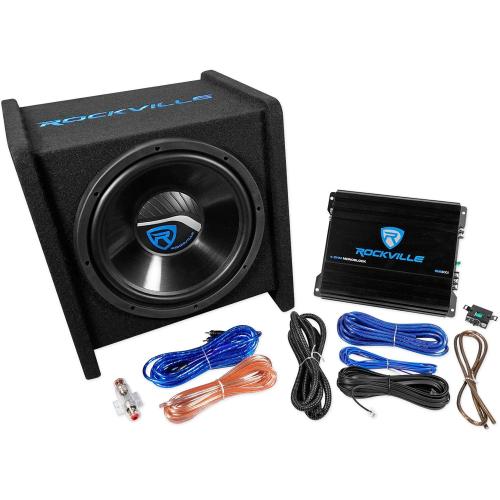 Rockville RV12.1C 600W 12 Loaded Car Subwoofer Enclosure with 1200W Mono Amplifier and Amp Kit, CEA-2006 Compliant, Ported Design, for Car Audio Systems