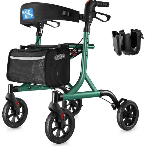 WALK MATE Rollator Walker for Seniors with Cup Holder, Upgraded Thumb Press Button for Height Adjustment, 4 x 8 Wheels Walker with Seat Padded Backrest Folding Lightweight Walking Aid, Green