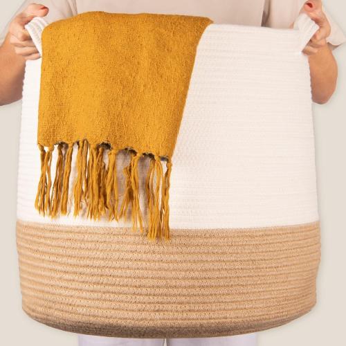 GooBloo Woven Blanket Basket - 17 x 17” - Large Tall Decorative Laundry Hamper with Handles - Cotton Rope Storage for Baby Nursery or Living Room