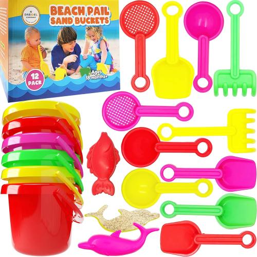 The Dreidel Company Mini Beach Day Playsets (Pack of 6) 3.25 Sand Bucket Play Set Box Includes, Pail, Shovel, Rake, Sifter Scoop, Dolphin Fish Sand Trays Toy for Boys and Girls Birthday Party Favor