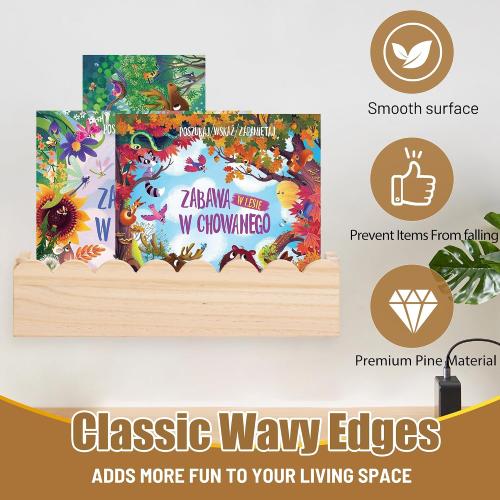 Wood Floating Shelves for Wall ,Nursery Bookshelf,Kids Book Shelf ,Baby Toys Storage Decor Organizer Wall Mounted for Living Room Bedroom,Wavy Edge,Preassembled,2 Pack,Scalloped Pine(Natural Wood)