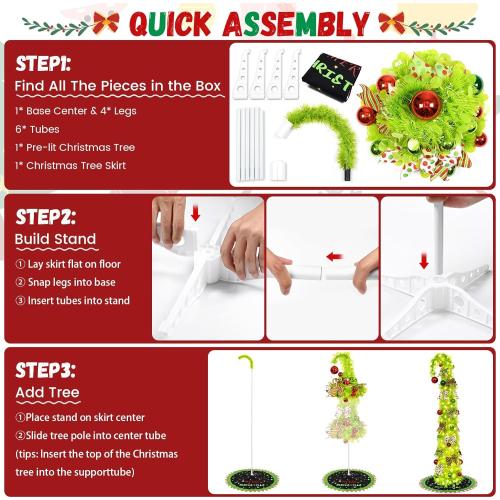 NatuBeau 6FT Lime Green Pop Up Christmas Tree with 150 LED Lights & Remote, Collpsible Bendable Whimsical Christmas Tree with Ball Ornaments Bows for Indoor Outdoor Home Decor