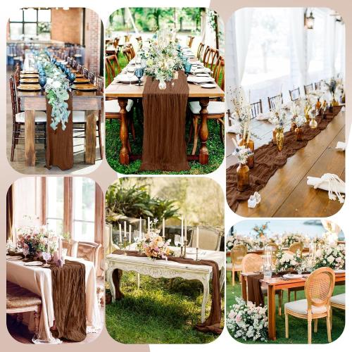 Pesonlook 24 Pack Cheesecloth Table Runner, 10FT Brown Table Runner Long Romantic Semi Sheer Rustic Boho Gauze Table Runners for Wedding Bridal Shower Birthday Party Decorations(21.5×120 Inch)