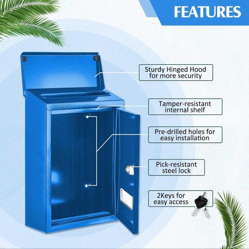 Amylove Weatherproof Mail Boxes with Key Lock, Security Locking Wall Mount Metal Mailbox with Slot for Outside, Large Capacity for Mail, Packages, Donations, Voting 11.8 H x 8.3 L x 2.8 W, Blue
