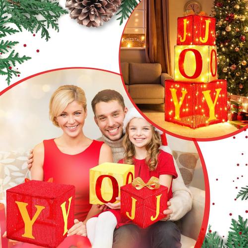 Honoson 3 Sets Extra Large Christmas Lighted Gift Boxes 8.1'' 10.5'' 12.5'' Joy Present Boxes Pre Lit with 100 Warm White Lights Christmas Decorations for Home Indoor Outdoor Garden Lawn
